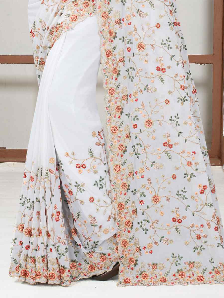 White Georgette Embroidered Wedding Bridesmaid Heavy Border Saree