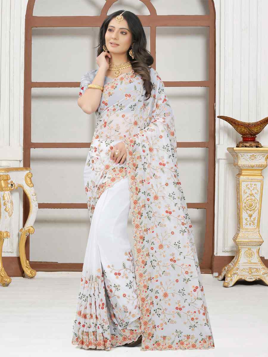 White Georgette Embroidered Wedding Bridesmaid Heavy Border Saree