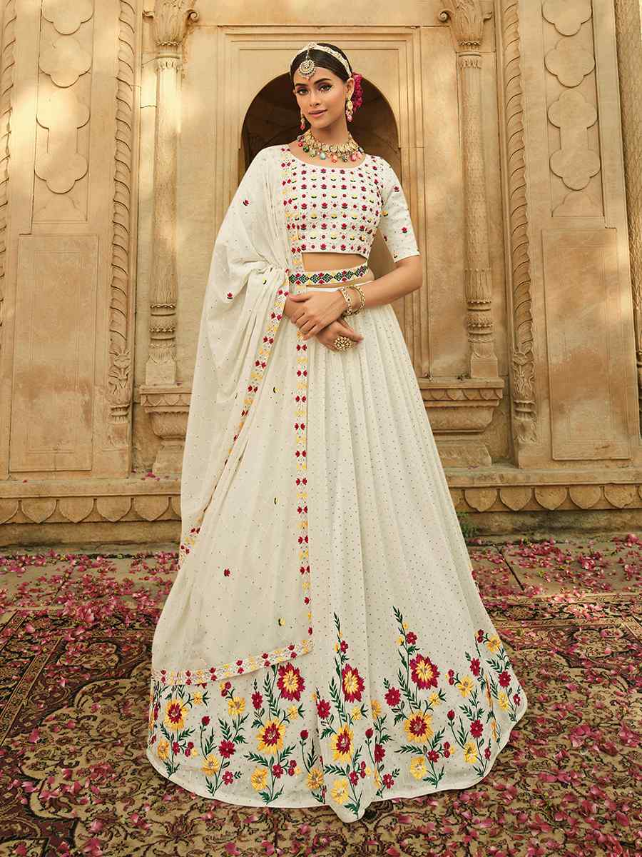 White Georgette Embroidered Wedding Festival Circular Lehenga Choli