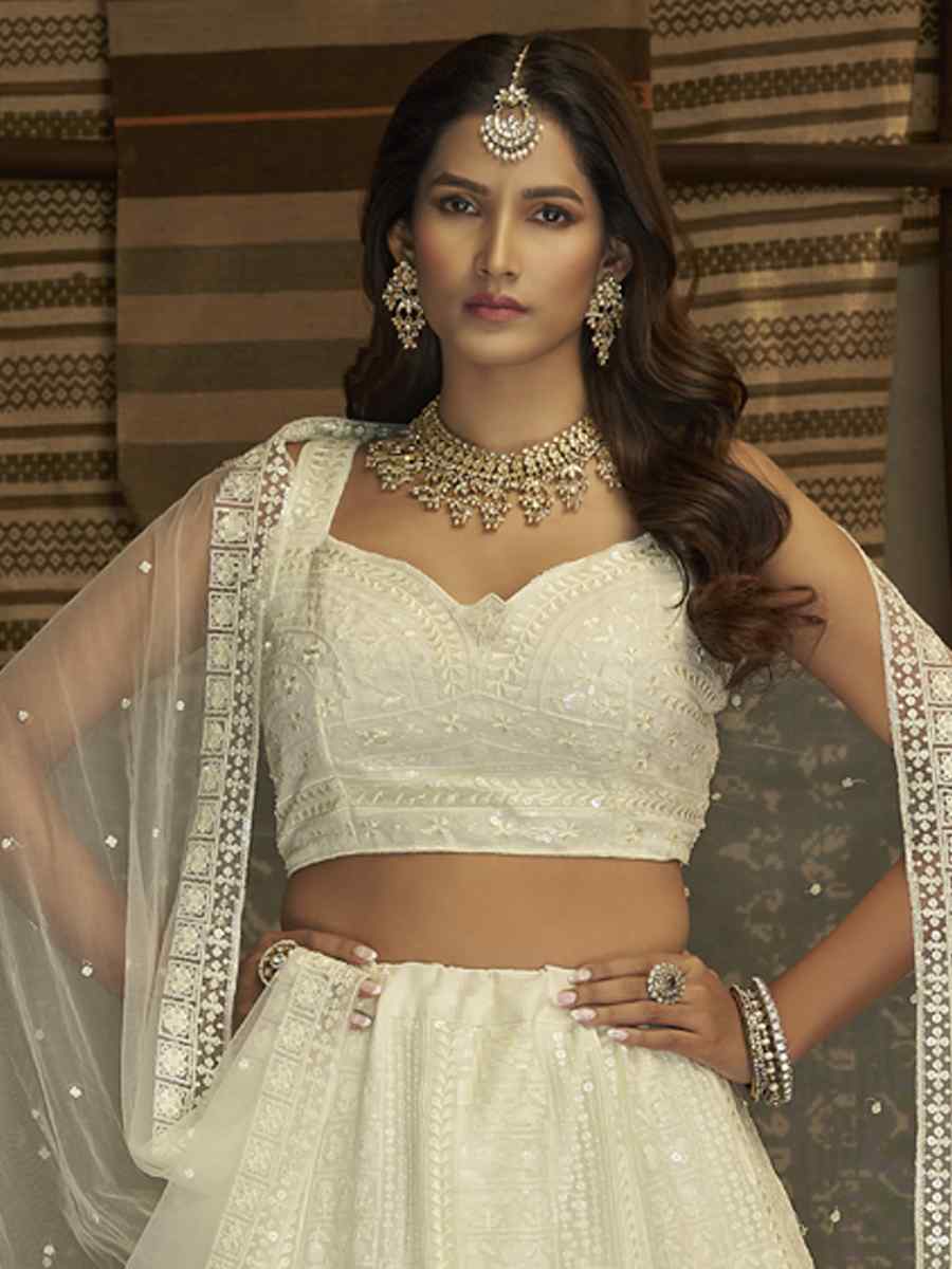 White Georgette Embroidered Wedding Festival Circular Lehenga Choli