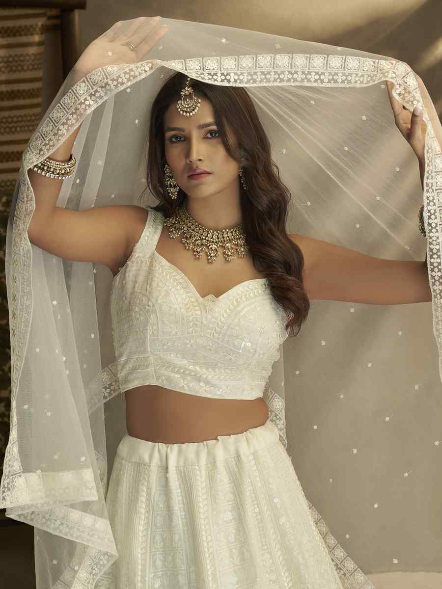 White Georgette Embroidered Wedding Festival Circular Lehenga Choli