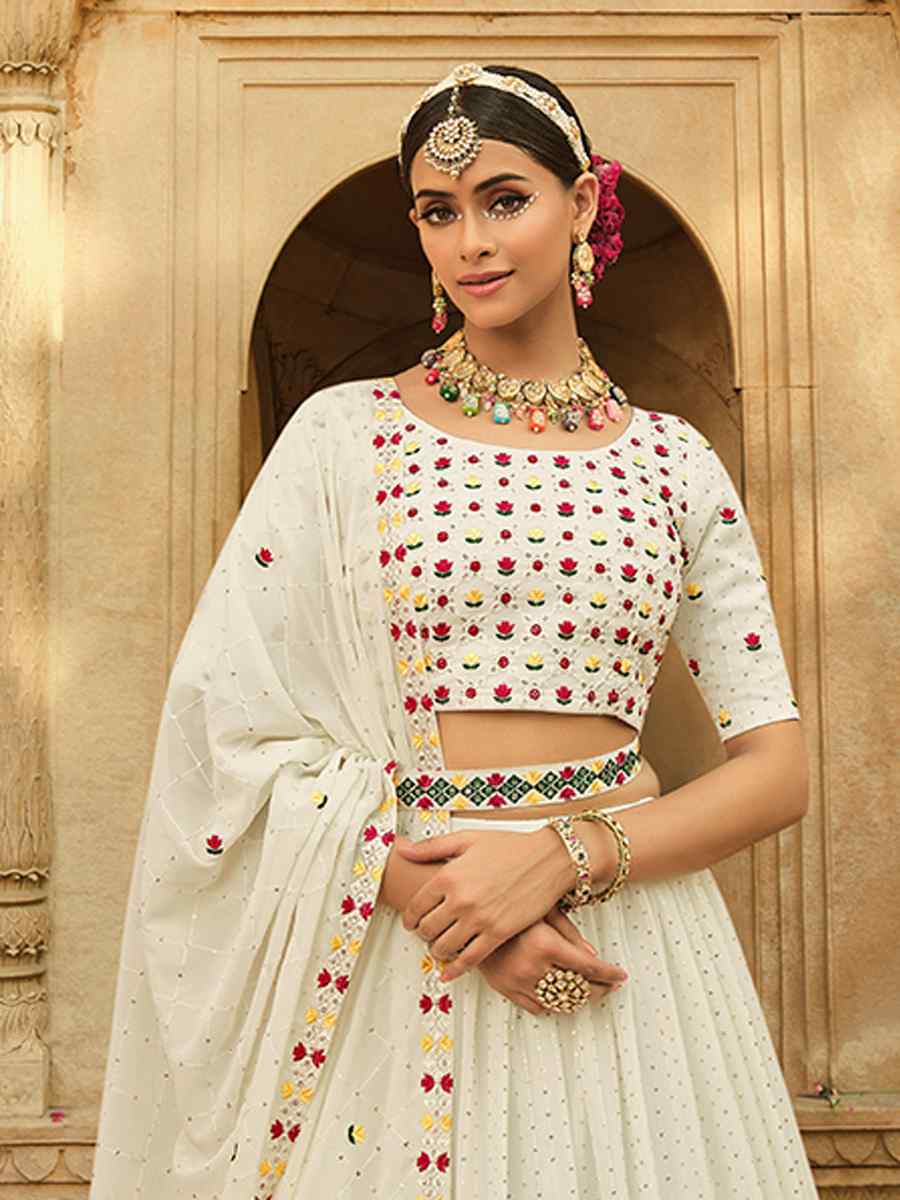 White Georgette Embroidered Wedding Festival Circular Lehenga Choli