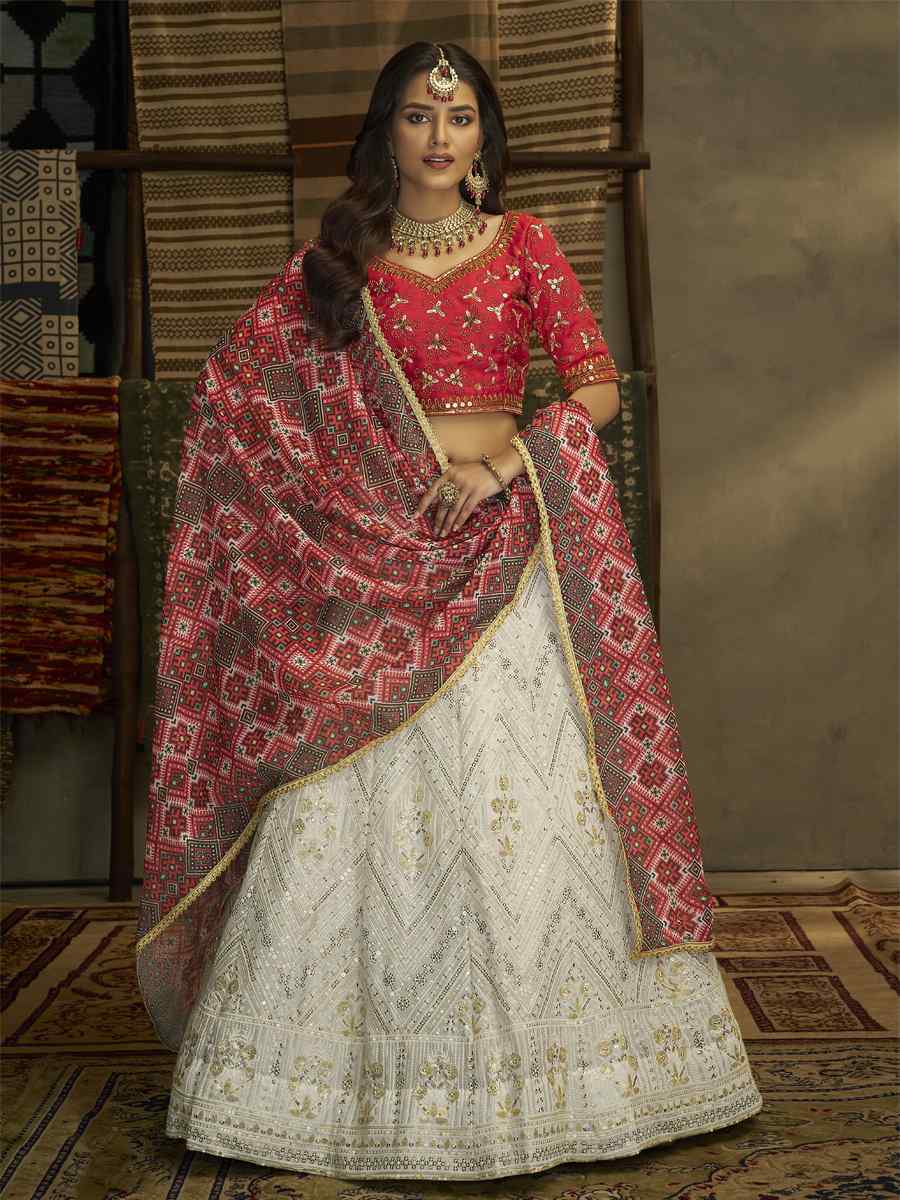 White Georgette Embroidered Wedding Festival Circular Lehenga Choli
