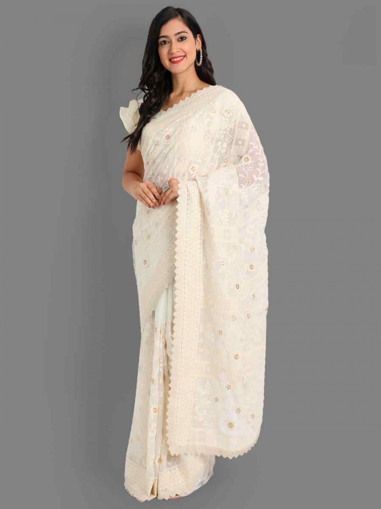 White Georgette Embroidered Wedding Festival Classic Style Saree