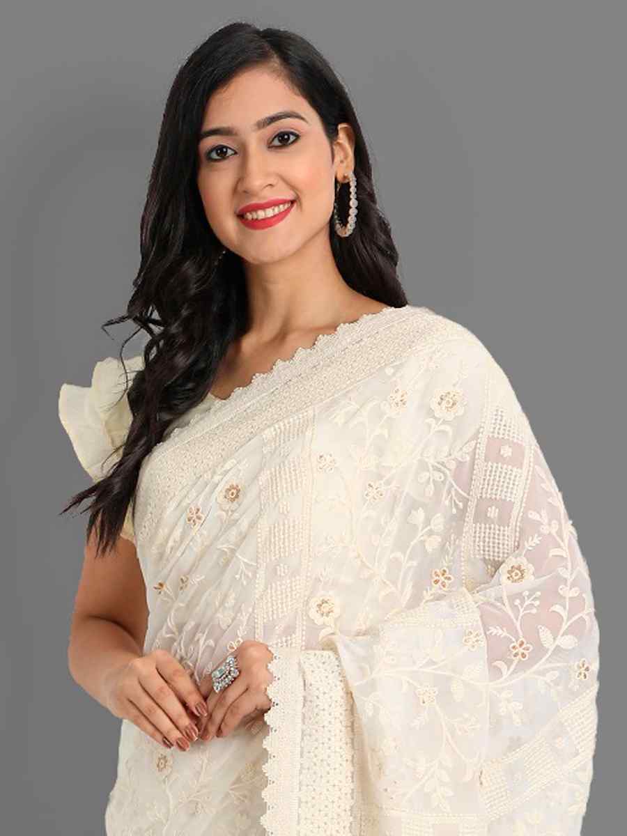White Georgette Embroidered Wedding Festival Classic Style Saree