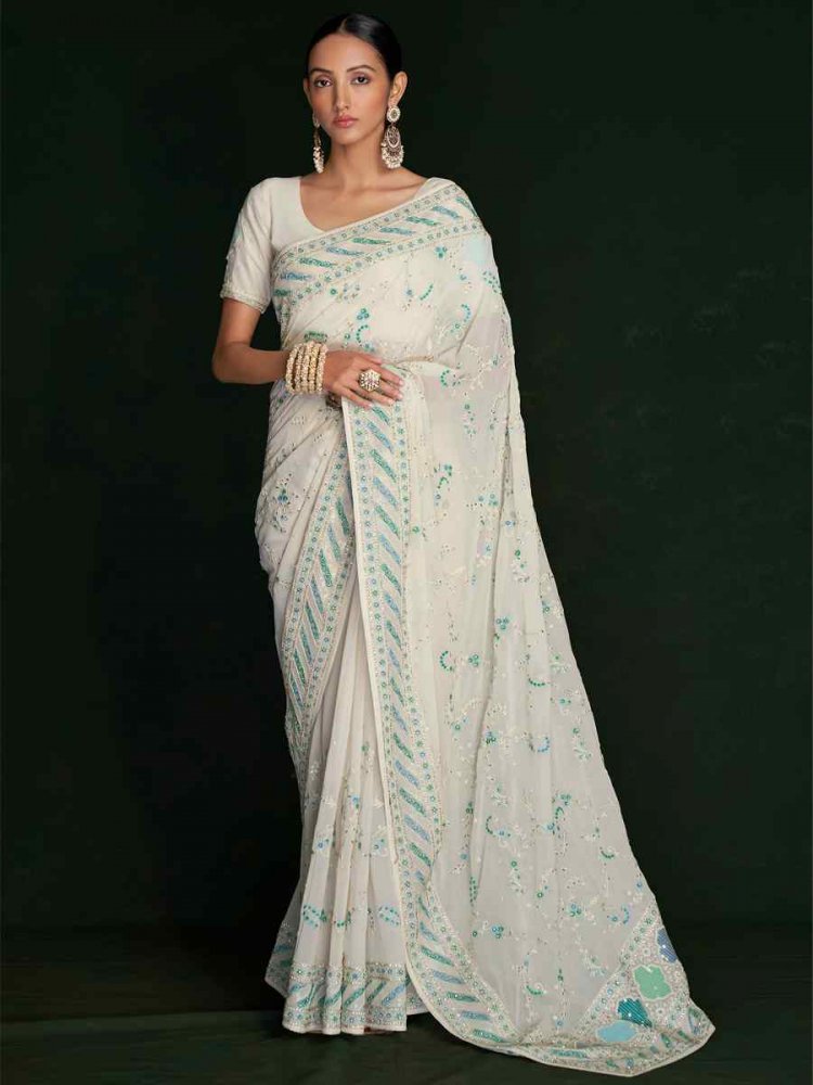 White Georgette Embroidered Wedding Festival Heavy Border Saree