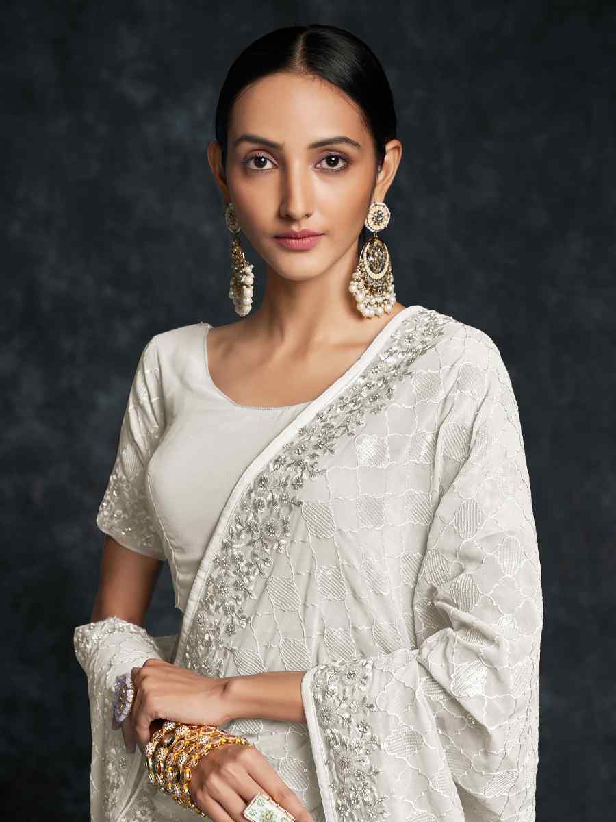White Georgette Embroidered Wedding Festival Heavy Border Saree
