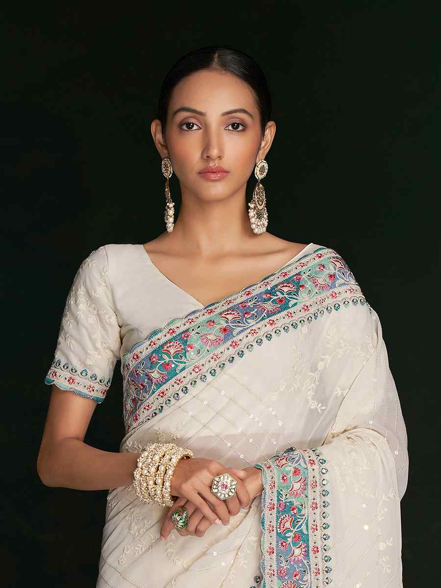 White Georgette Embroidered Wedding Festival Heavy Border Saree