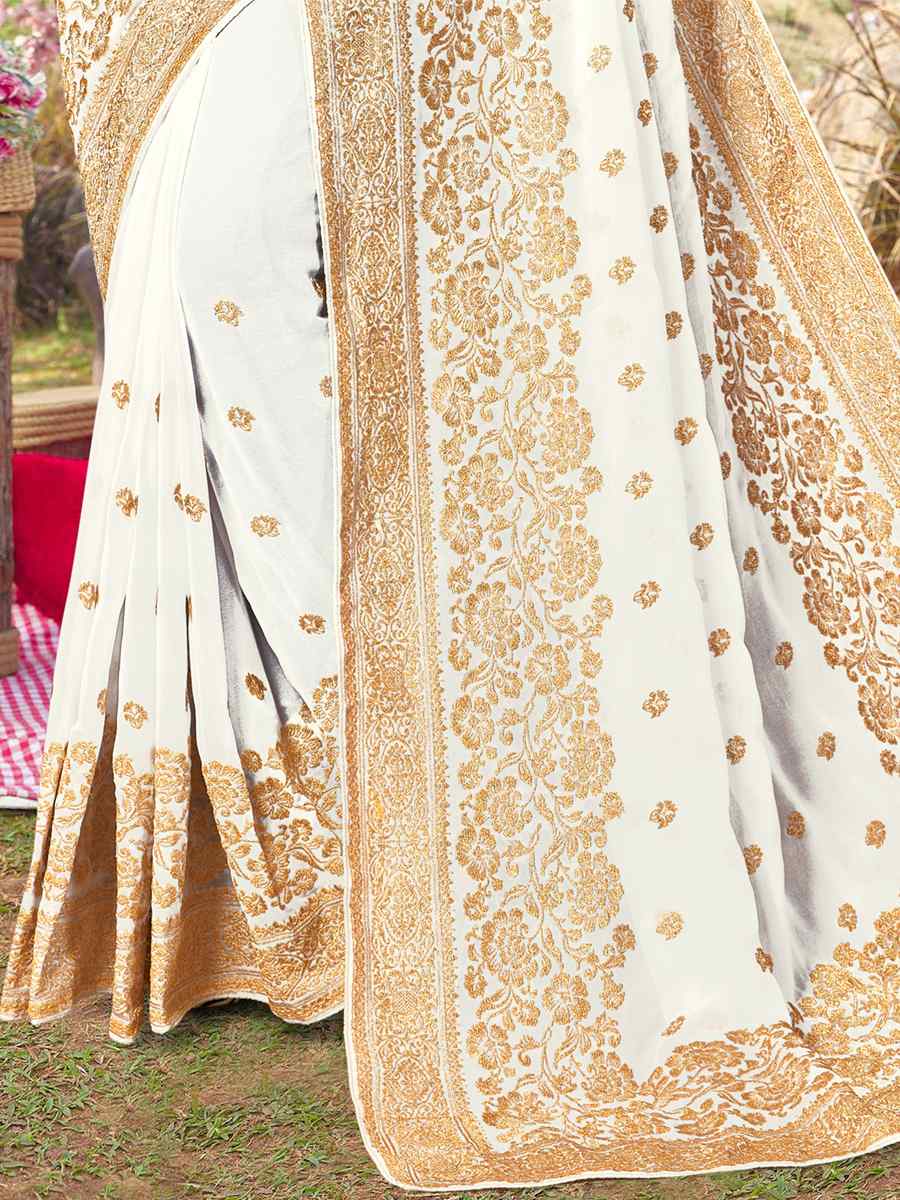 White Georgette Embroidered Wedding Festival Heavy Border Saree