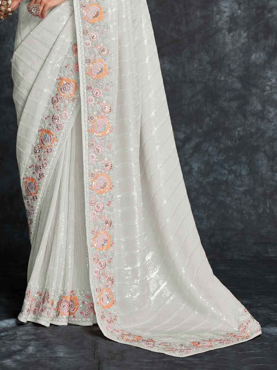 White Georgette Embroidered Wedding Festival Heavy Border Saree