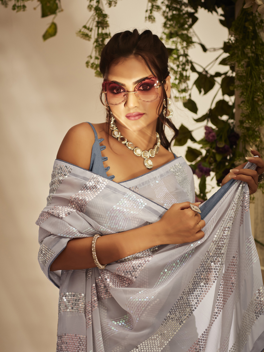 White Georgette Embroidered Wedding Festival Heavy Border Saree