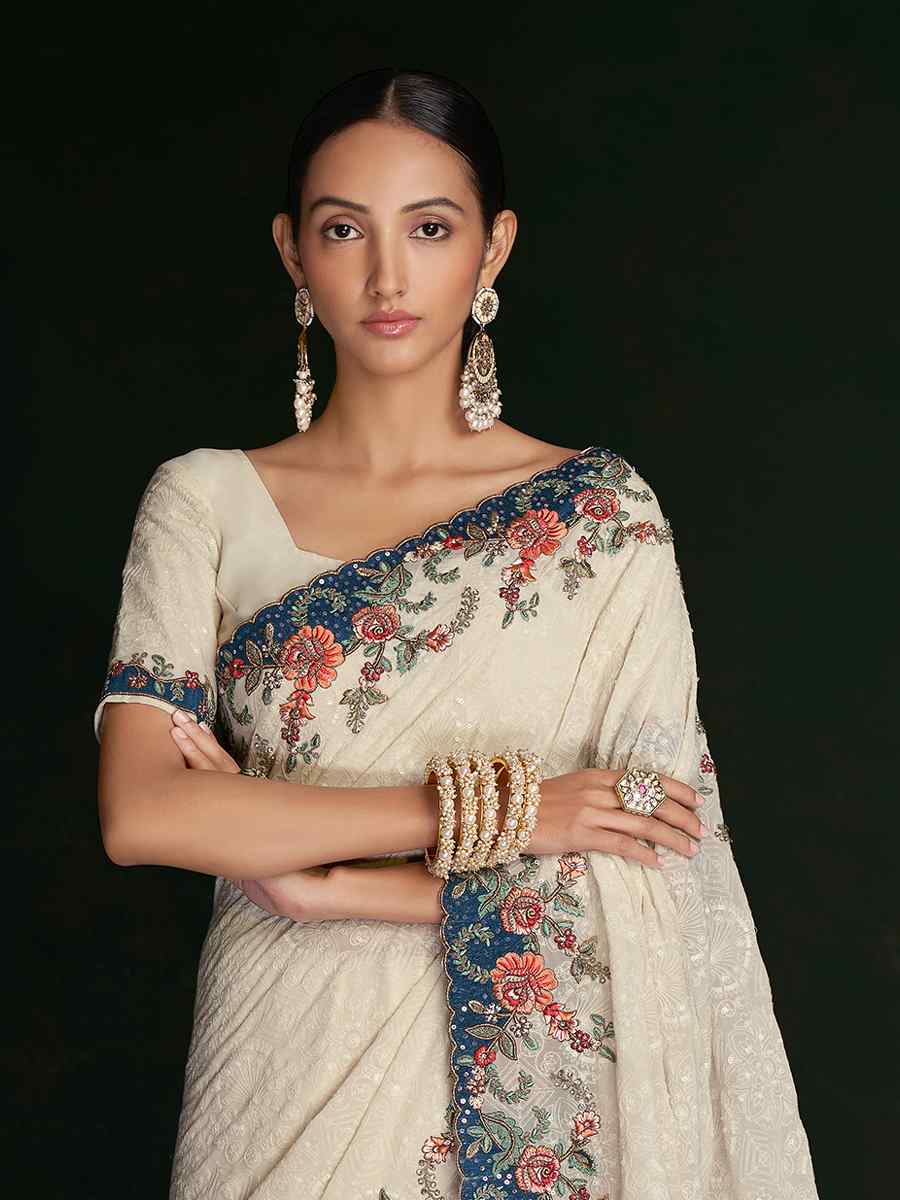 White Georgette Embroidered Wedding Festival Heavy Border Saree