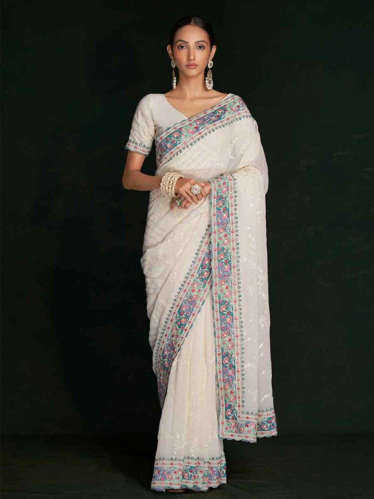 White Georgette Embroidered Wedding Festival Heavy Border Saree