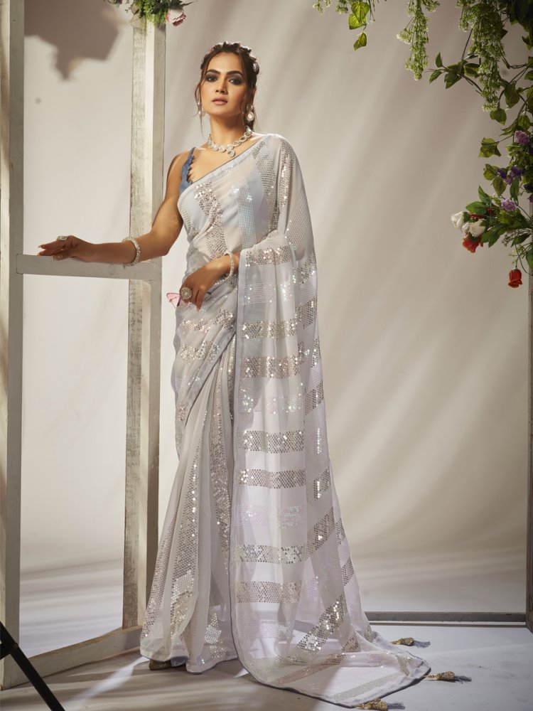 White Grey Georgette Embroidered Wedding Festival Heavy Border Saree