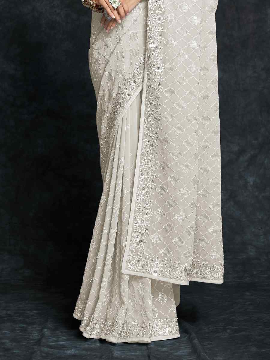 White Georgette Embroidered Wedding Festival Heavy Border Saree