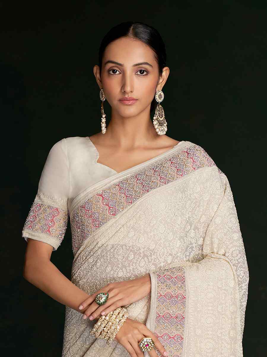 White Georgette Embroidered Wedding Festival Heavy Border Saree