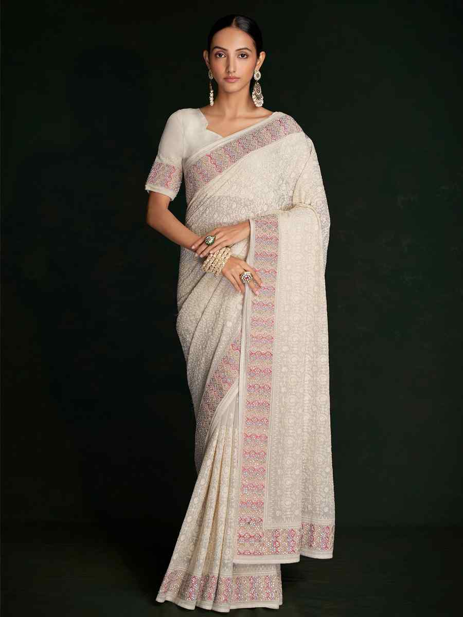 White Georgette Embroidered Wedding Festival Heavy Border Saree