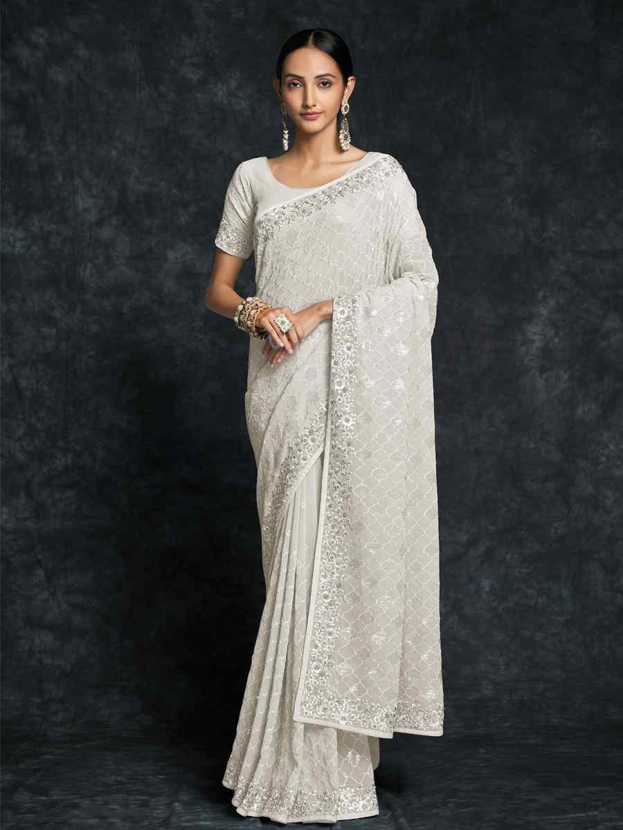 White Georgette Embroidered Wedding Festival Heavy Border Saree