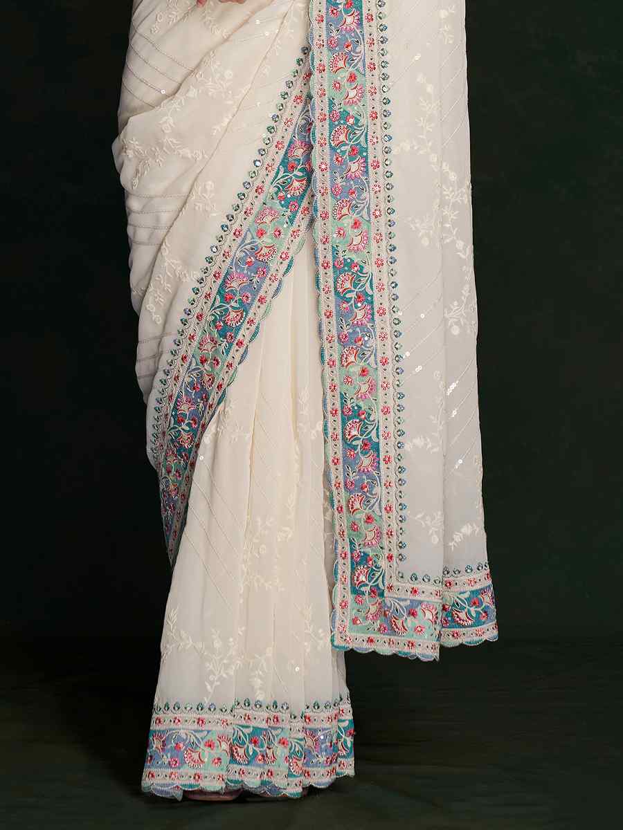 White Georgette Embroidered Wedding Festival Heavy Border Saree