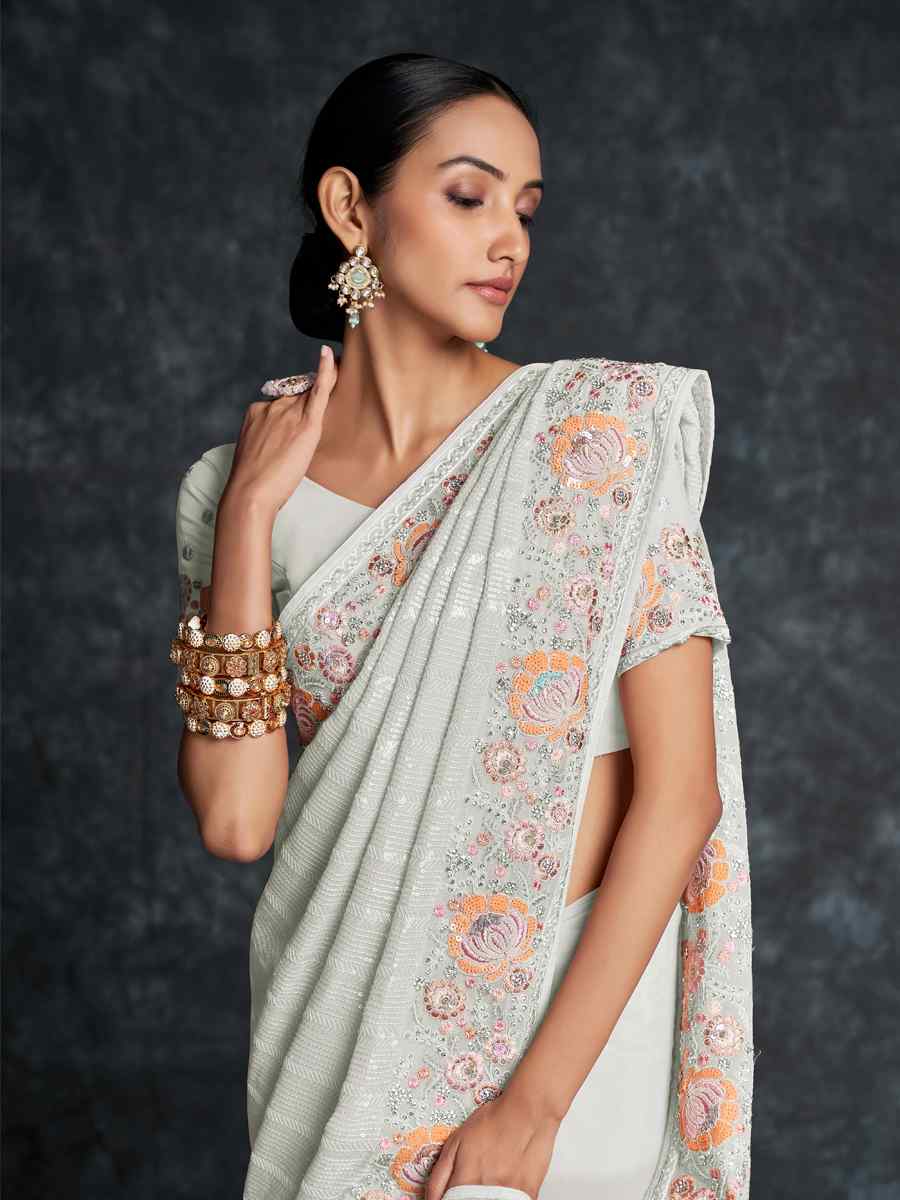 White Georgette Embroidered Wedding Festival Heavy Border Saree