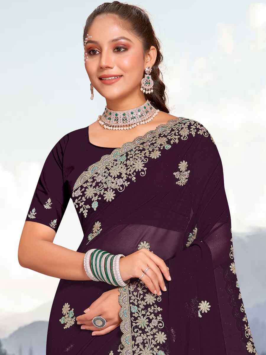 White Georgette Embroidered Wedding Festival Heavy Border Saree