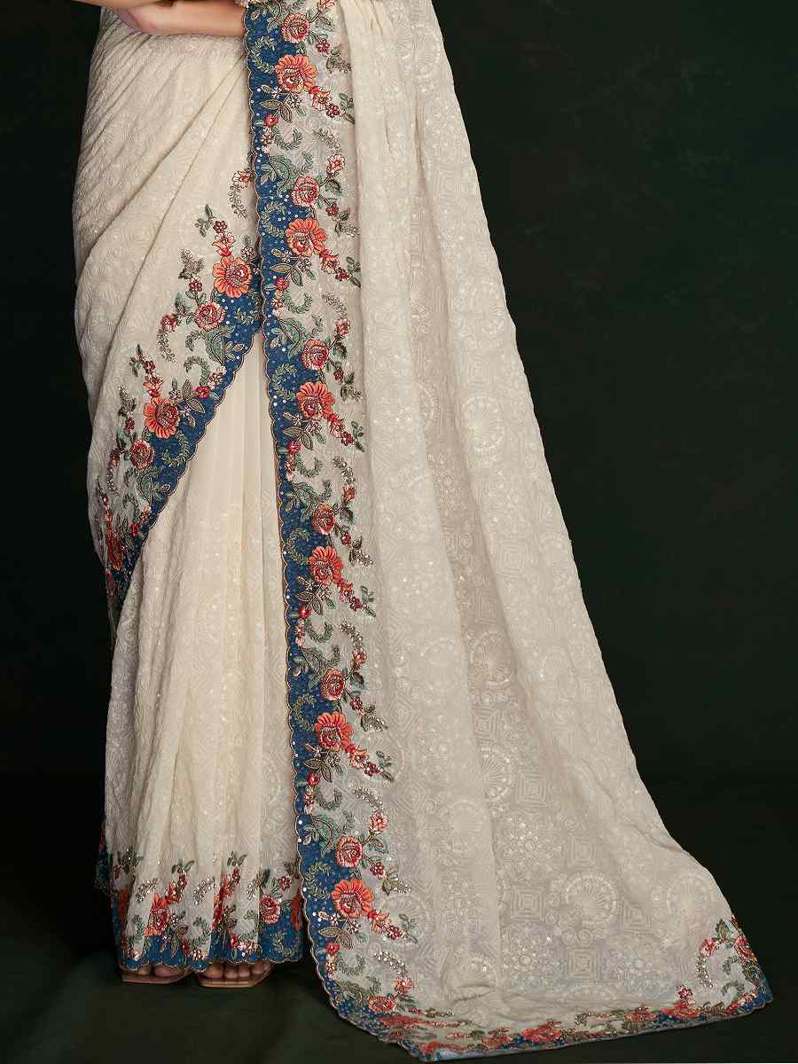 White Georgette Embroidered Wedding Festival Heavy Border Saree