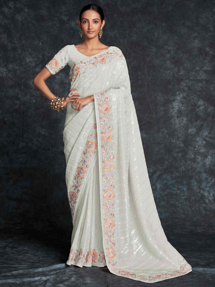 White Georgette Embroidered Wedding Festival Heavy Border Saree