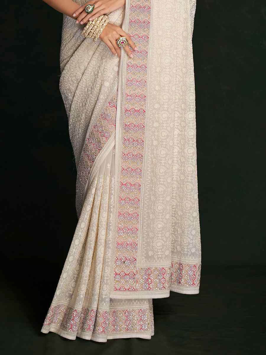 White Georgette Embroidered Wedding Festival Heavy Border Saree