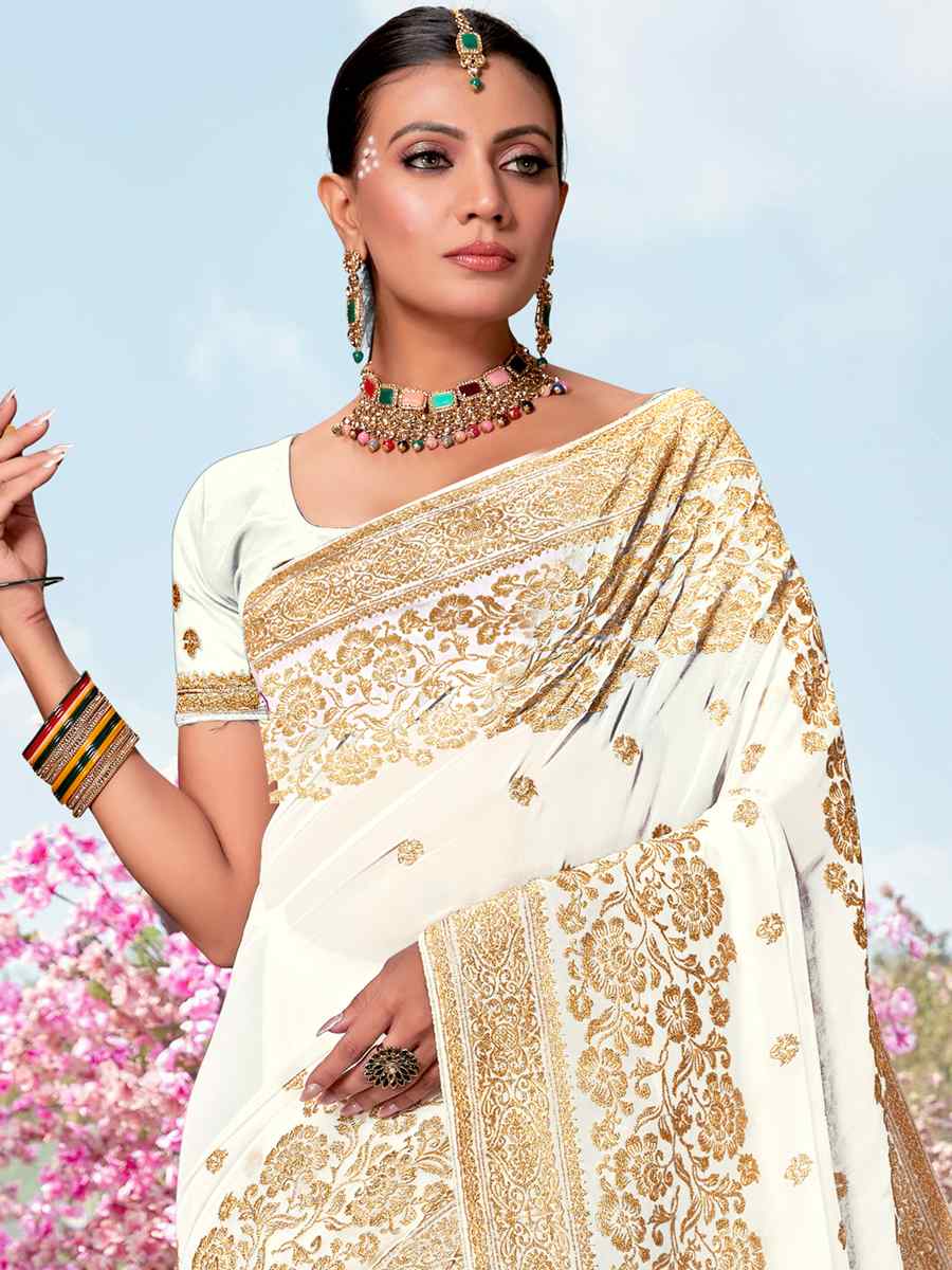 White Georgette Embroidered Wedding Festival Heavy Border Saree
