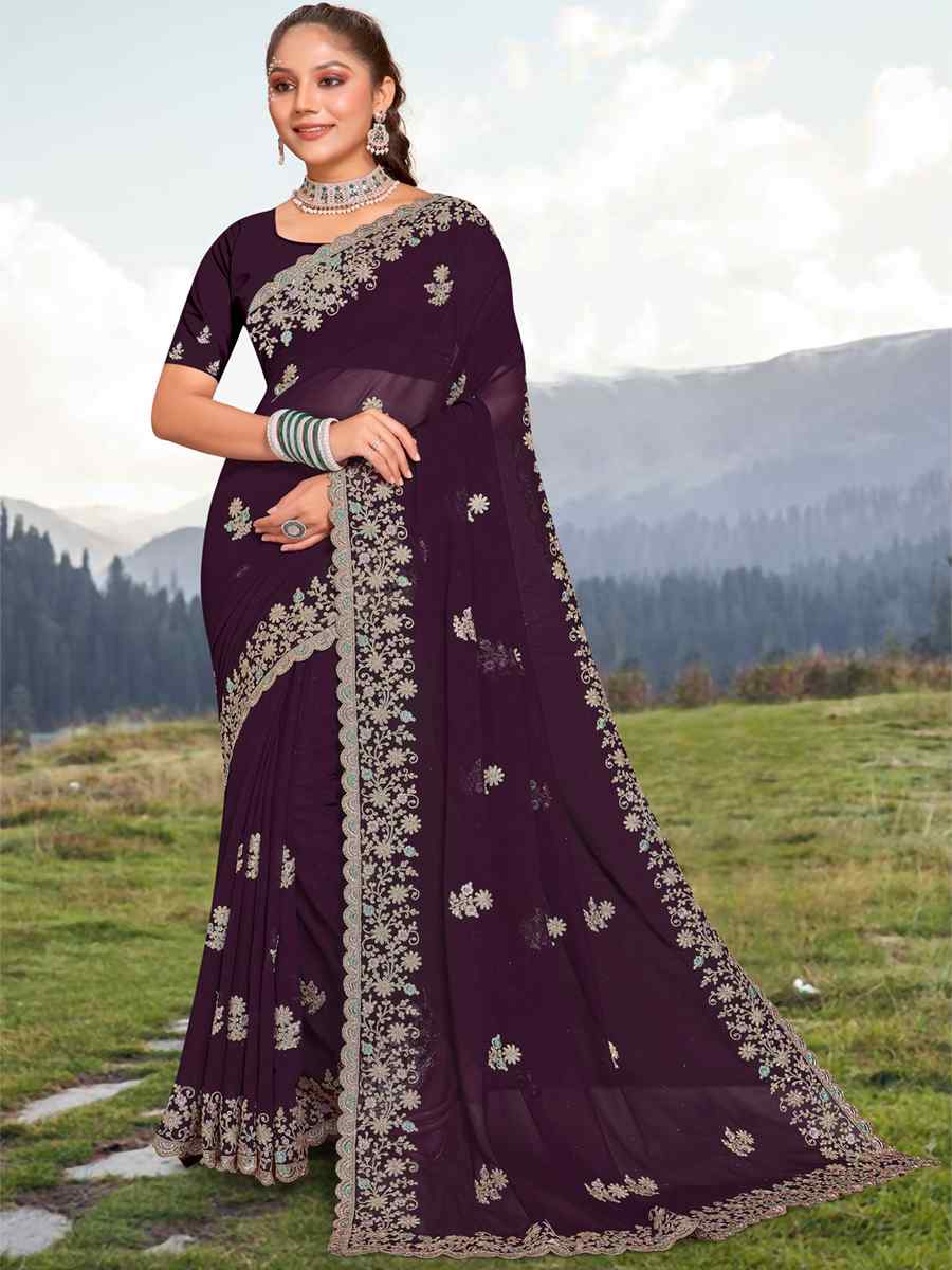 White Georgette Embroidered Wedding Festival Heavy Border Saree