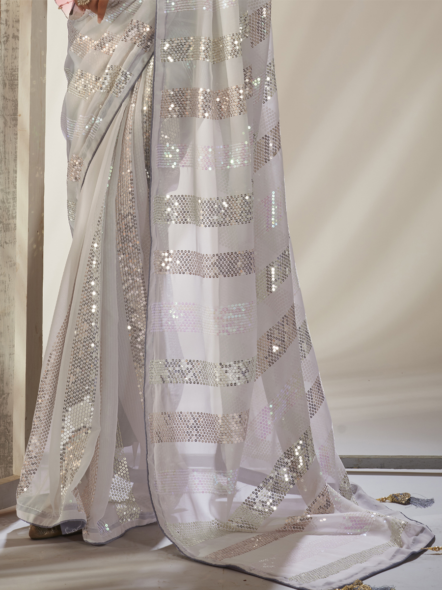 White Grey Georgette Embroidered Wedding Festival Heavy Border Saree