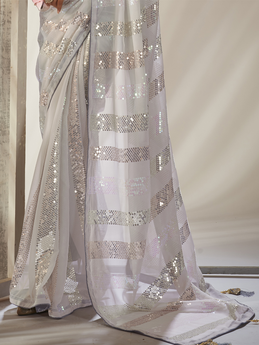 White Georgette Embroidered Wedding Festival Heavy Border Saree