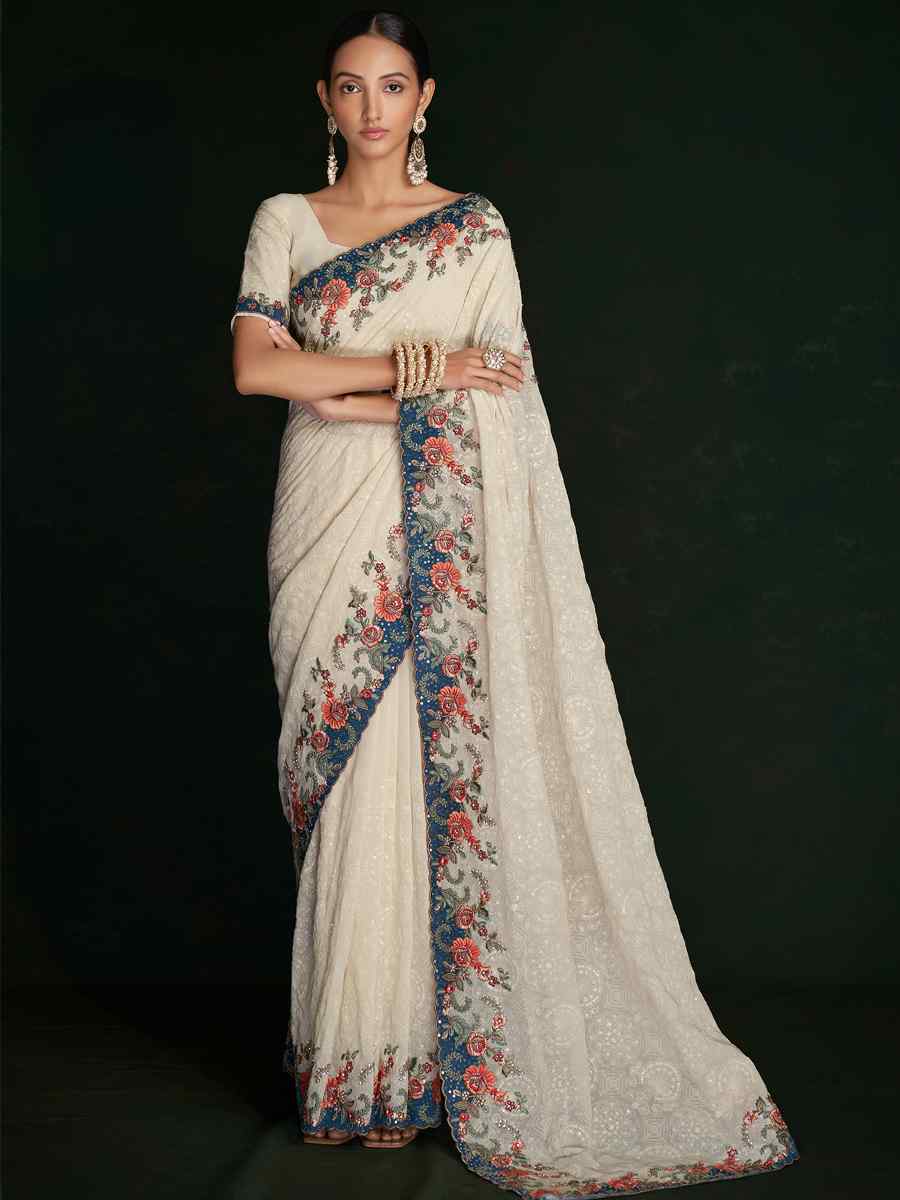 White Georgette Embroidered Wedding Festival Heavy Border Saree