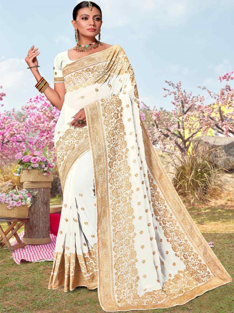 White Georgette Embroidered Wedding Festival Heavy Border Saree