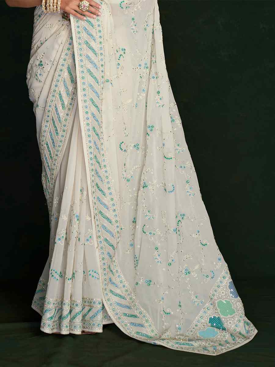 White Georgette Embroidered Wedding Festival Heavy Border Saree