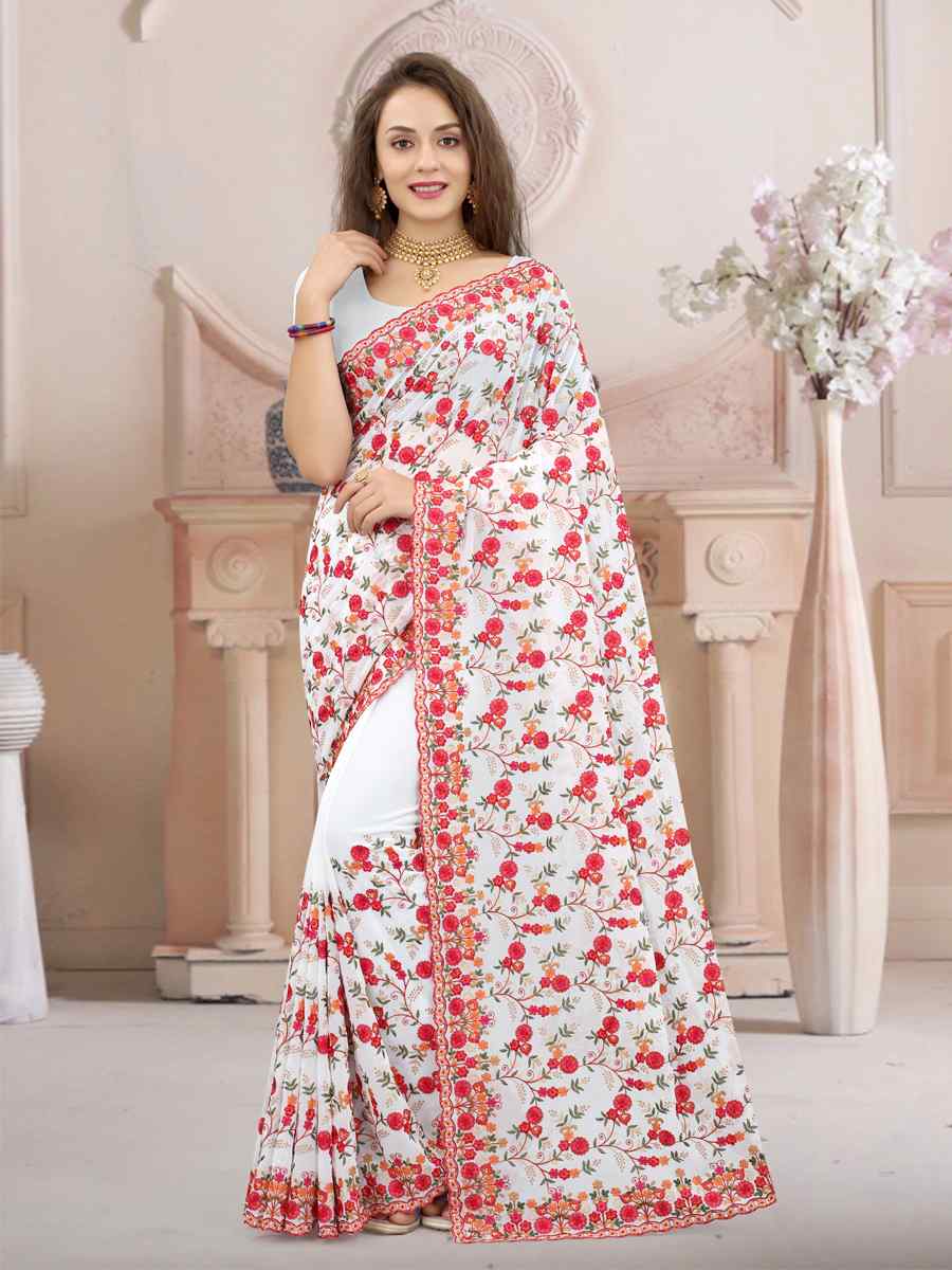 White Georgette Embroidered Wedding Party Georgette Classic Style Saree