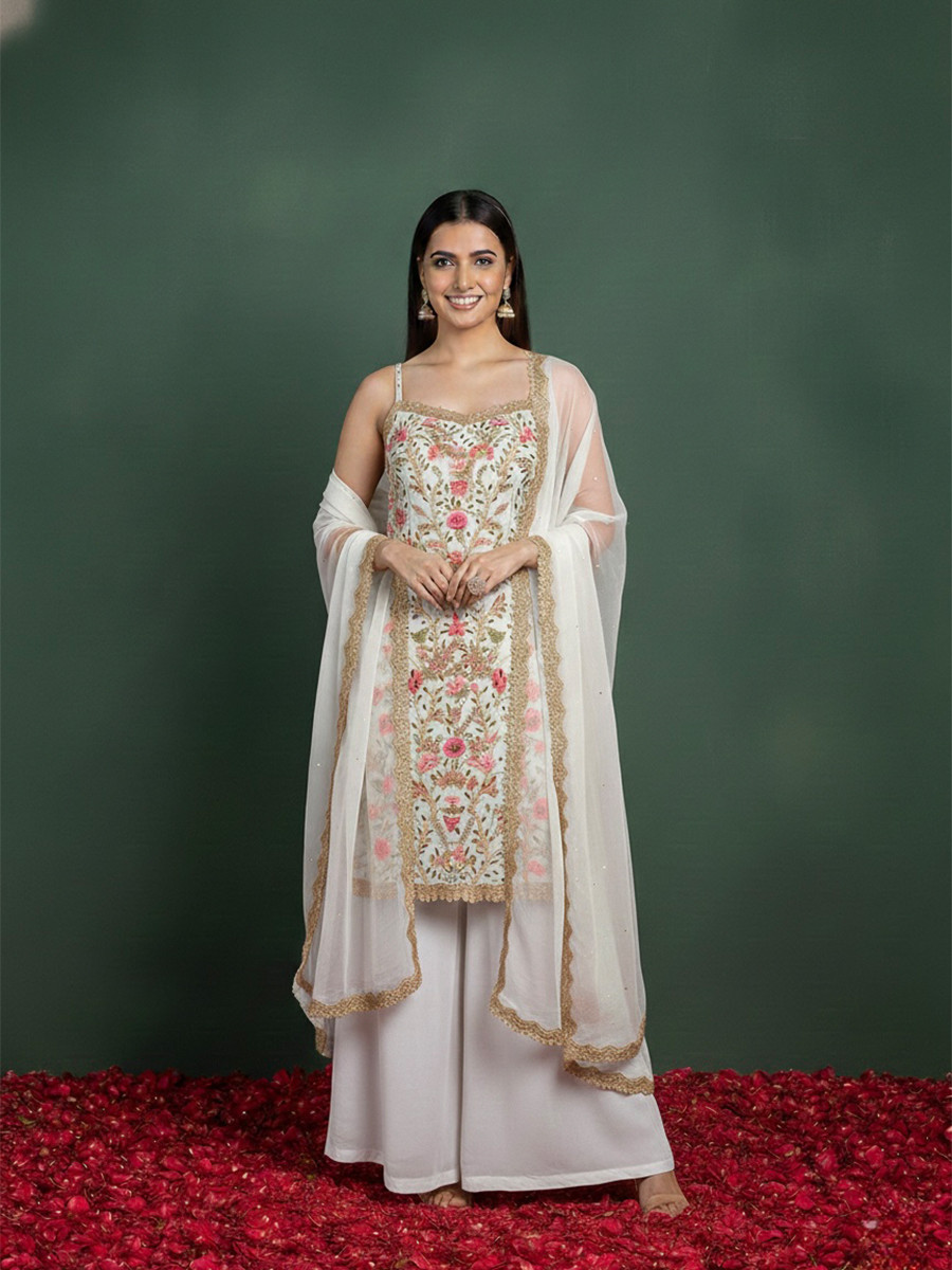 White Georgette Embroidery Lace Work Festival Party Wear Palazzo Pant Salwar Kameez