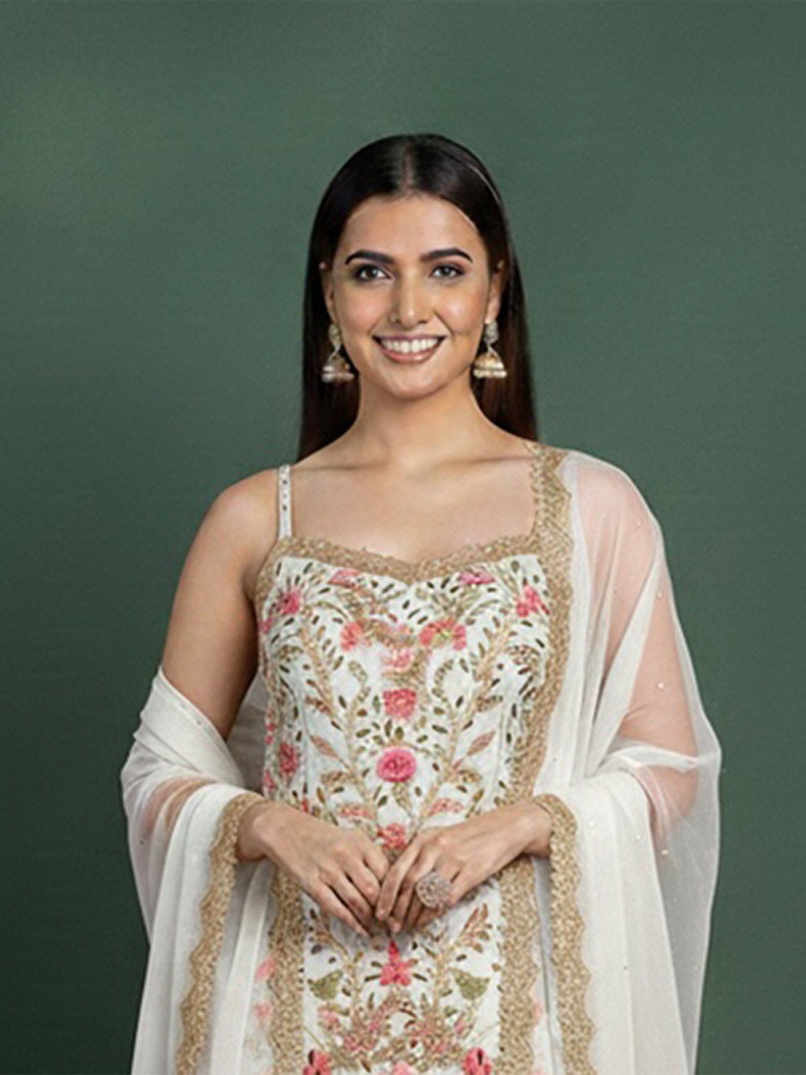 White Georgette Embroidery Lace Work Festival Party Wear Palazzo Pant Salwar Kameez