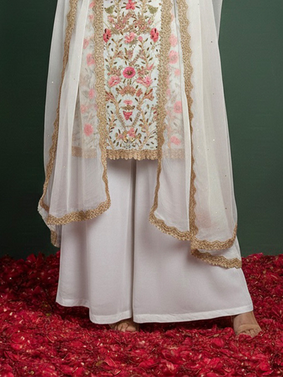 White Georgette Embroidery Lace Work Festival Party Wear Palazzo Pant Salwar Kameez
