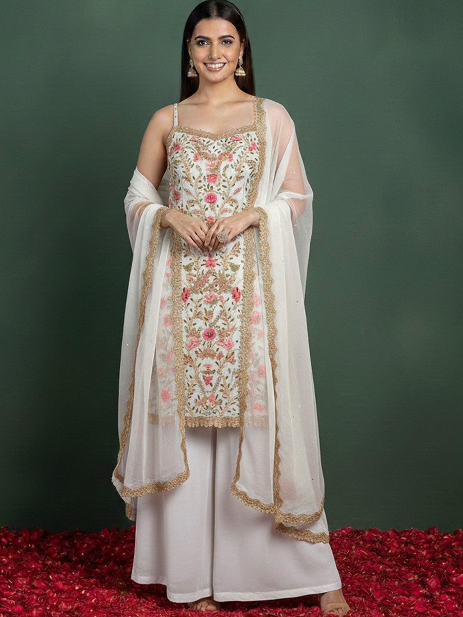 White Georgette Embroidery Lace Work Festival Party Wear Palazzo Pant Salwar Kameez