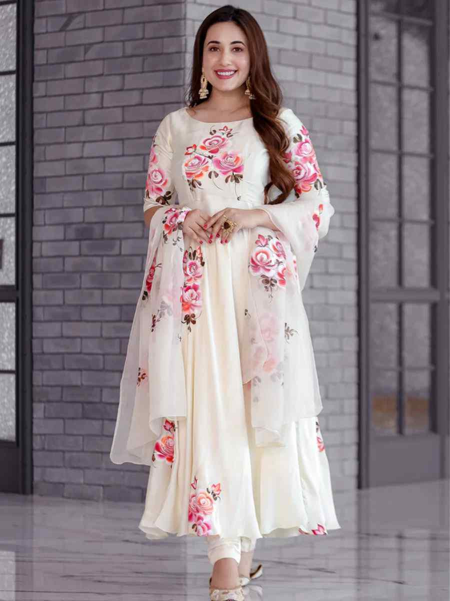 White Georgette Embroidery Party Wedding Festival Casual Ready Pant Salwar Kameez