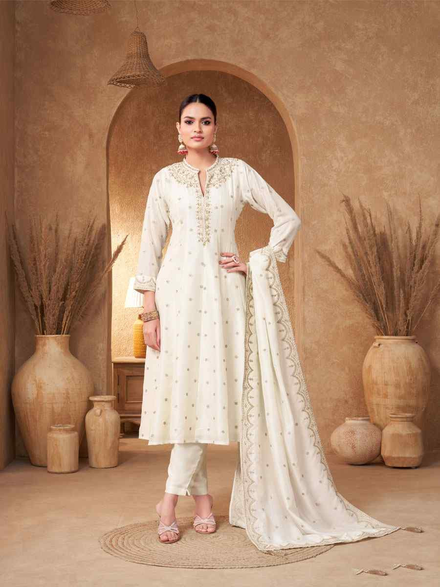 White Georgette Embroidery Party Wedding Festival Casual Ready Pant Salwar Kameez