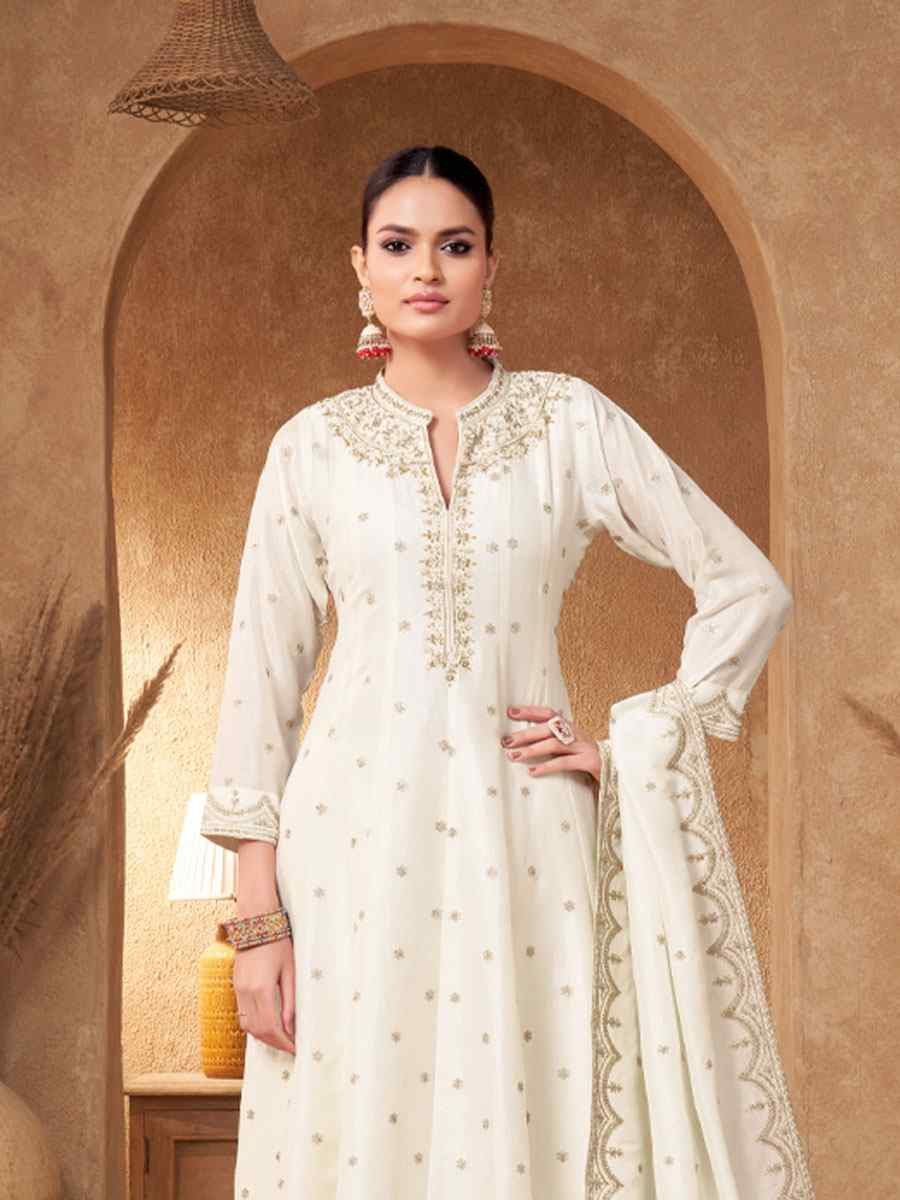 White Georgette Embroidery Party Wedding Festival Casual Ready Pant Salwar Kameez