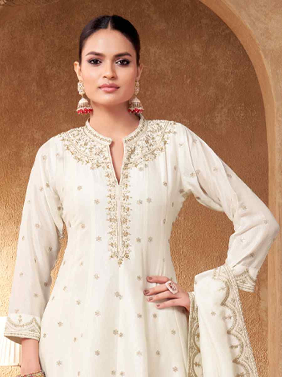 White Georgette Embroidery Party Wedding Festival Casual Ready Pant Salwar Kameez