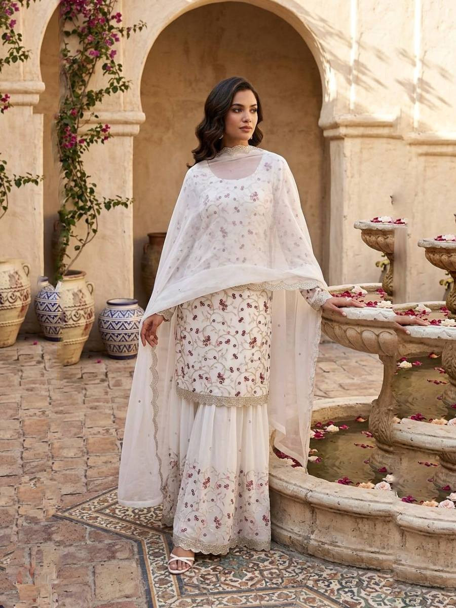 White Georgette Embroidery Sequins Wedding Party Festival Casual Ready Palazzo Pant Salwar Kameez