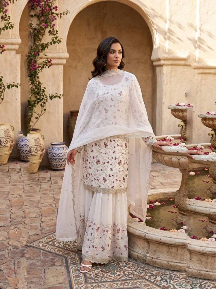 Image of White Georgette Embroidery Sequins Wedding Party Festival Casual Ready Palazzo Pant Salwar Kameez