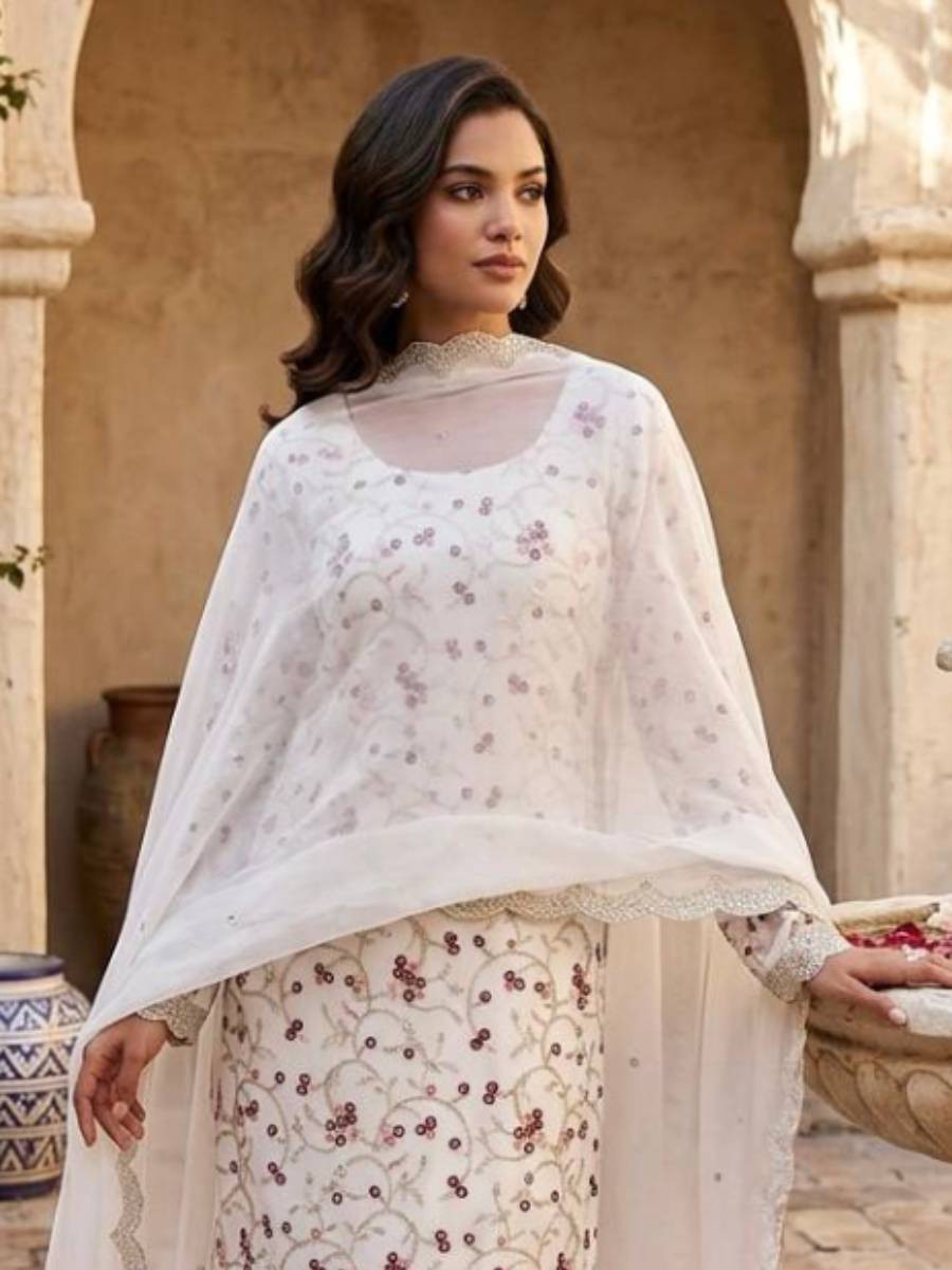White Georgette Embroidery Sequins Wedding Party Festival Casual Ready Palazzo Pant Salwar Kameez