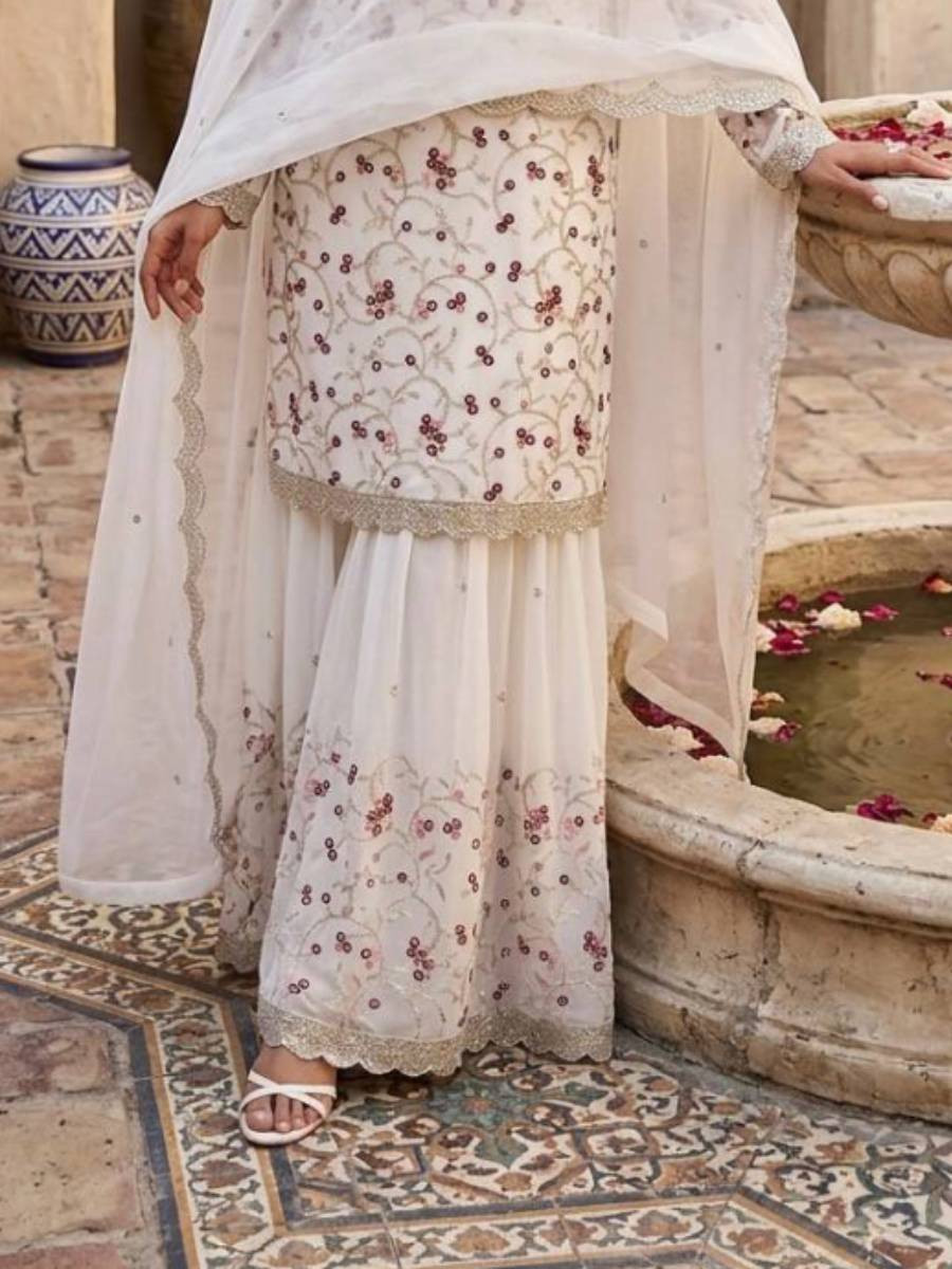 White Georgette Embroidery Sequins Wedding Party Festival Casual Ready Palazzo Pant Salwar Kameez