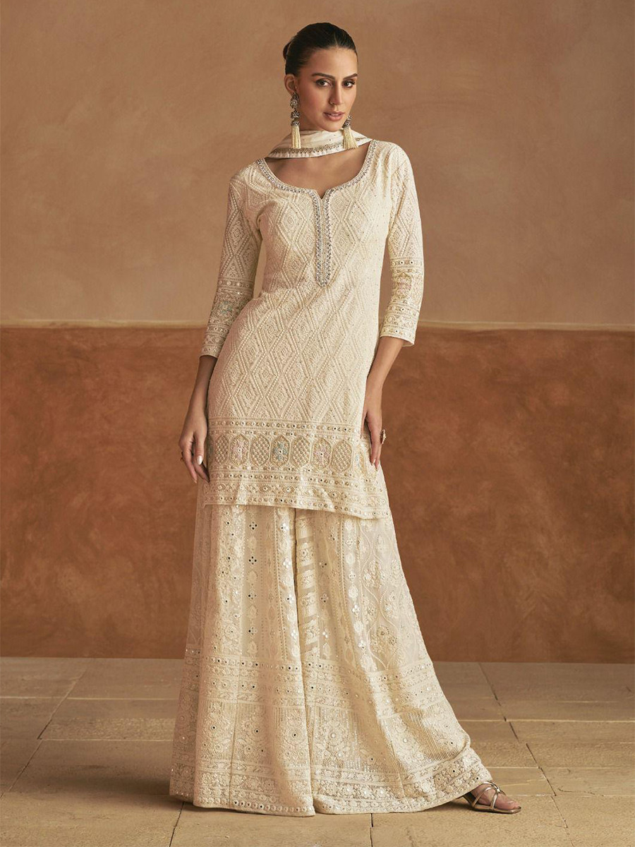 White Georgette Embroidery Zari Sequins Wedding Party Festival Casual Ready Palazzo Pant Salwar Kameez