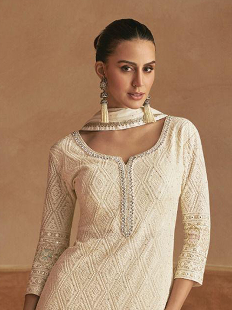 White Georgette Embroidery Zari Sequins Wedding Party Festival Casual Ready Palazzo Pant Salwar Kameez